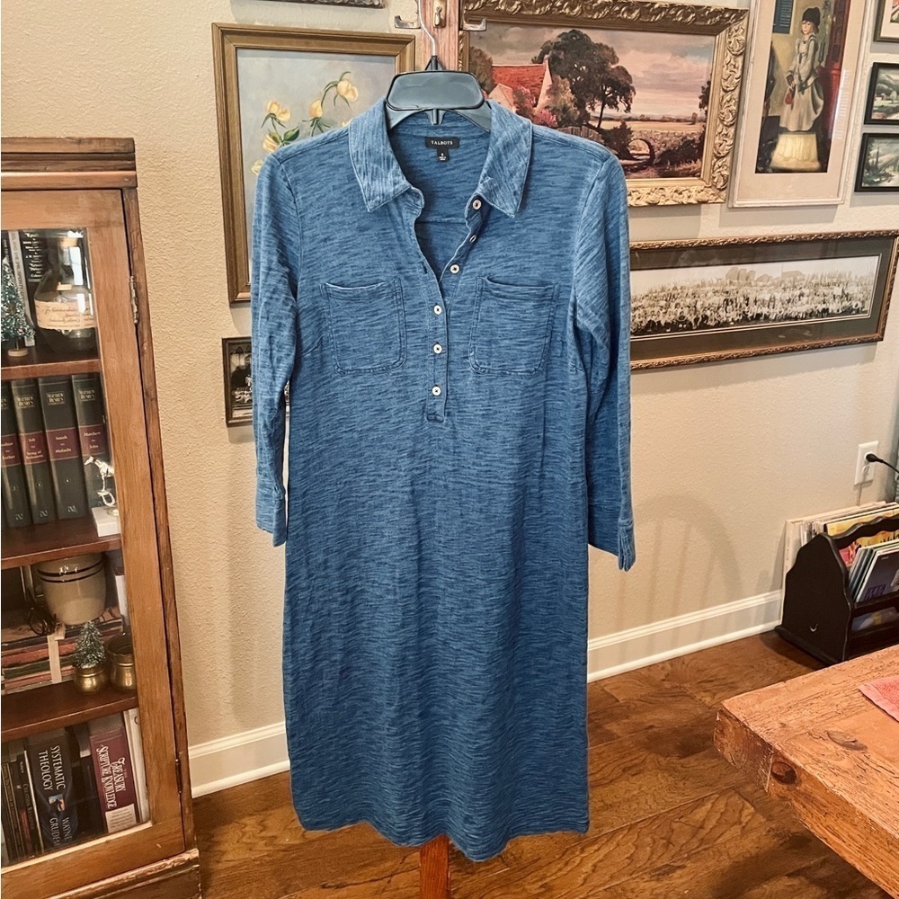 Talbots 3/4 sleeve stretch midi shirt dress below knee 100% cotton SZ S blue - Picture 2 of 8